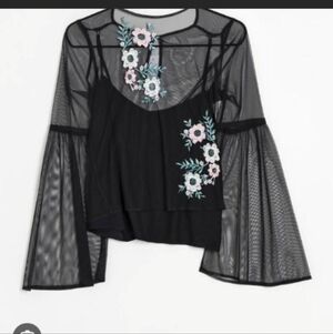 Hollister Black Mesh Blouse with Floral Embroidery